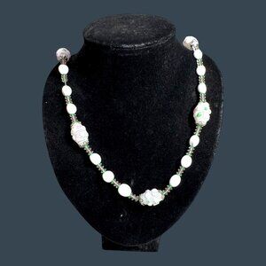 Vtg 26" Milk Glass Beaded Lampwork Necklace Floral Accents Statement Gold Tone